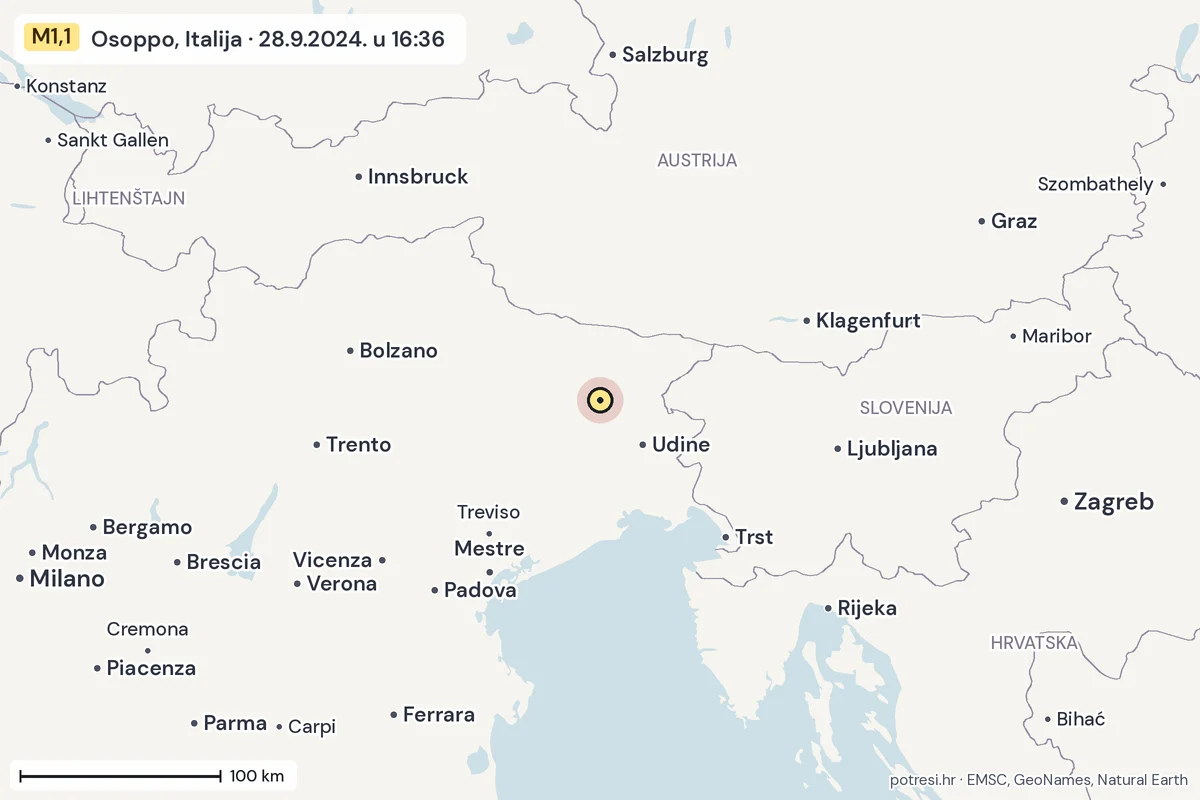 Karta: šire područje, 600 km, potres M1,1, Osoppo, Italija, 28.9.2024.