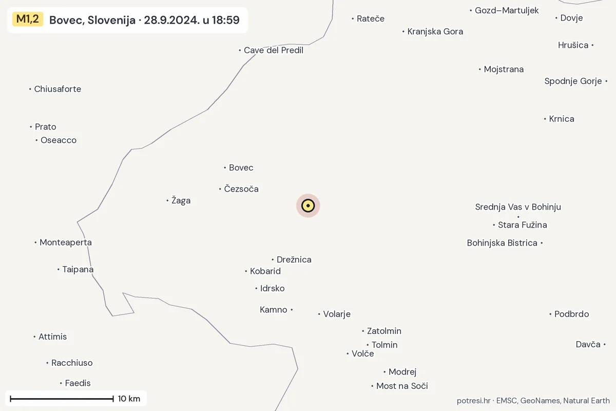 Karta: okolica epicentra, 60 km, potres M1,2, Bovec, Slovenija, 28.9.2024.