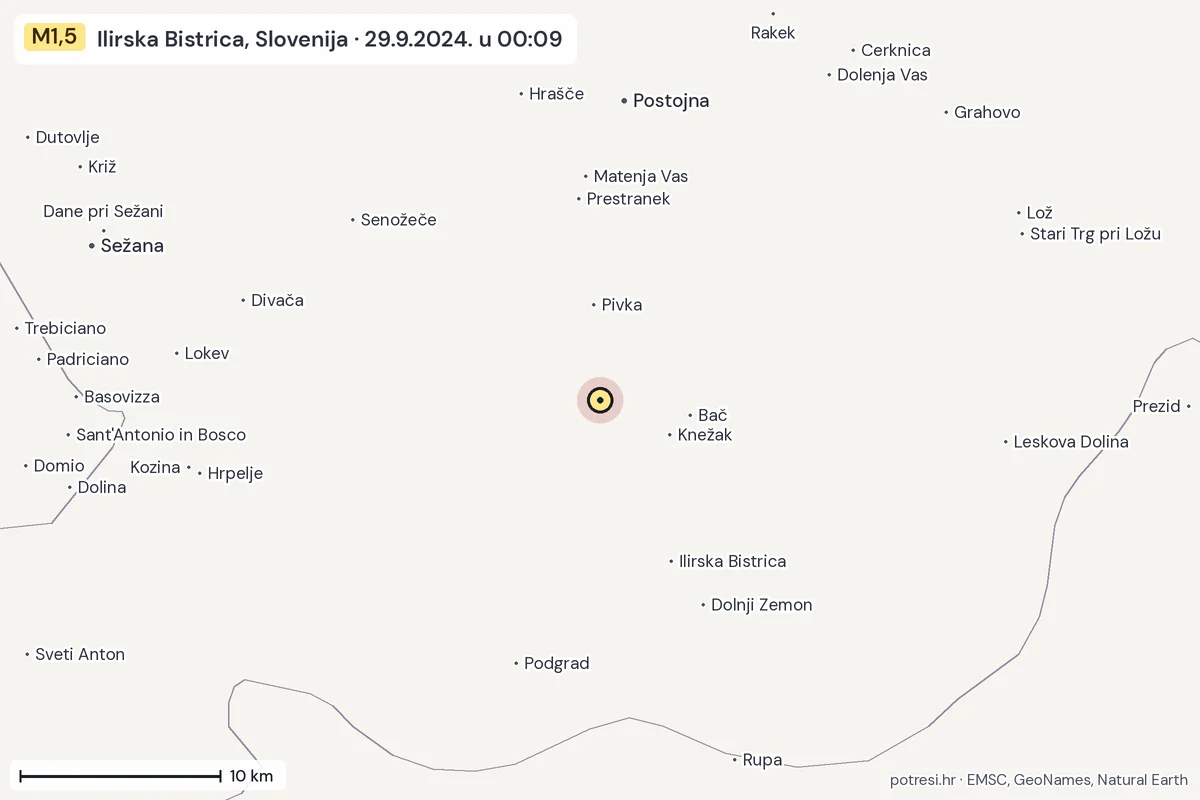 Karta: okolica epicentra, 60 km, potres M1,5, Ilirska Bistrica, Slovenija, 29.9.2024.
