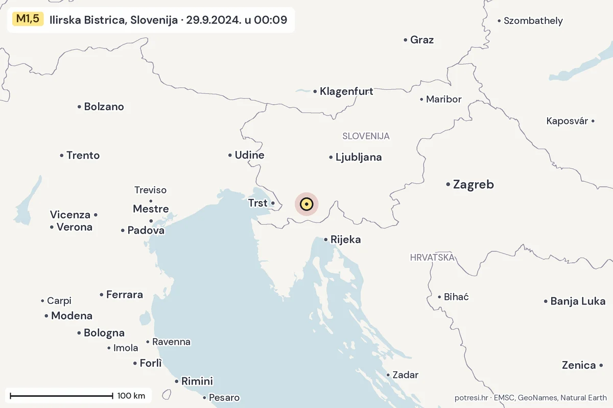 Karta: šire područje, 600 km, potres M1,5, Ilirska Bistrica, Slovenija, 29.9.2024.