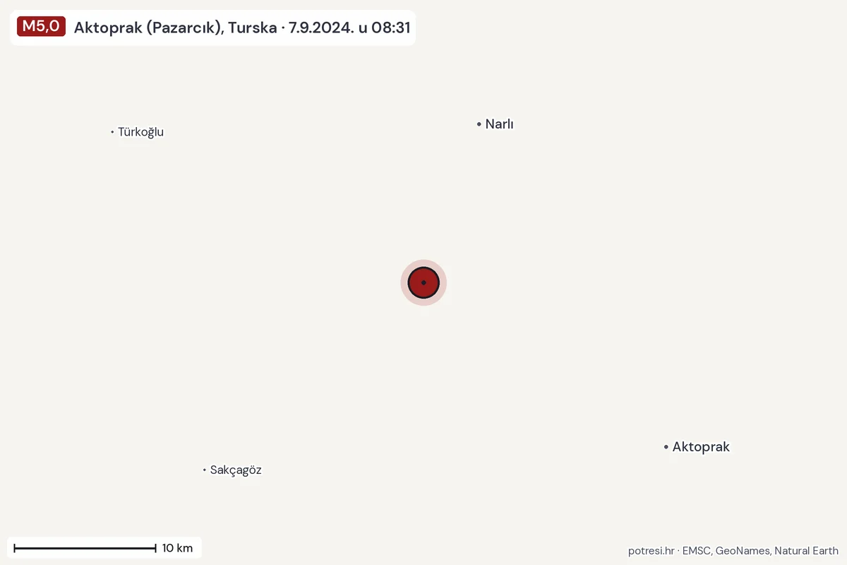 Karta: okolica epicentra, 60 km, potres M5,0, Aktoprak (Pazarcık), Turska, 7.9.2024.