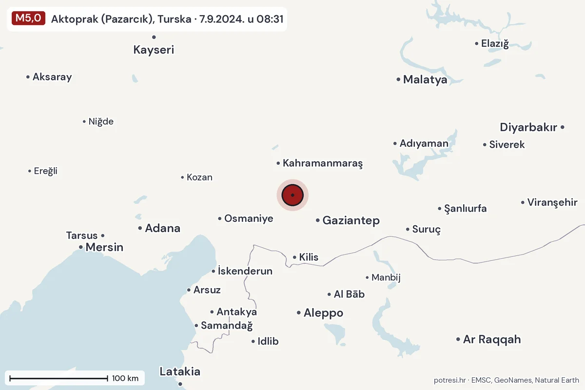 Karta: šire područje, 600 km, potres M5,0, Aktoprak (Pazarcık), Turska, 7.9.2024.