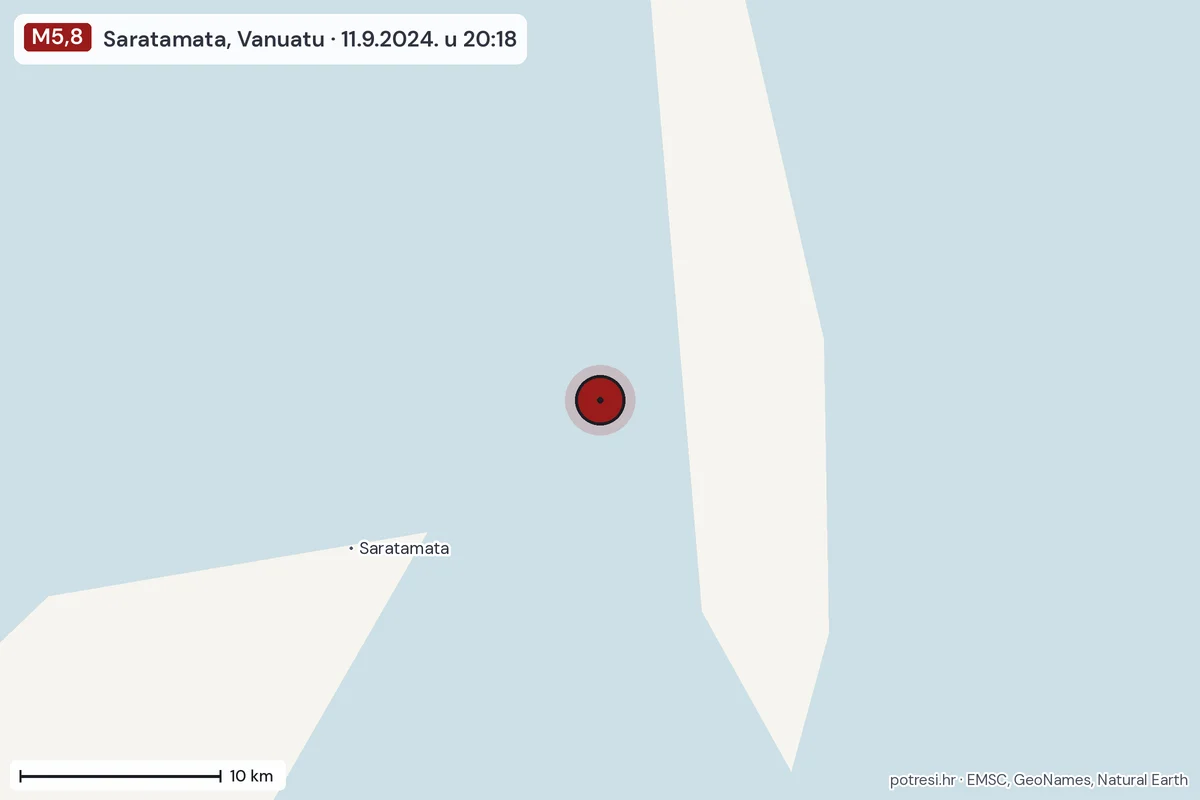Karta: okolica epicentra, 60 km, potres M5,8, Saratamata, Vanuatu, 11.9.2024.
