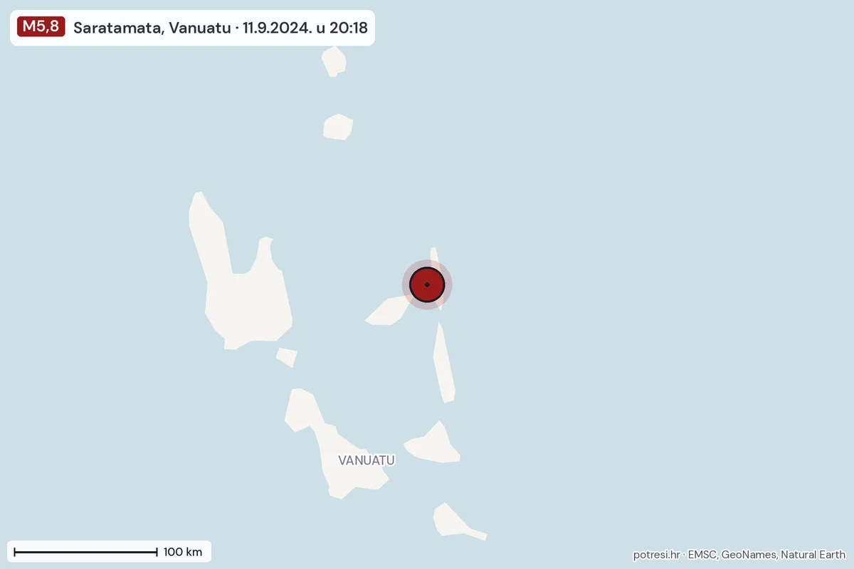 Karta: šire područje, 600 km, potres M5,8, Saratamata, Vanuatu, 11.9.2024.