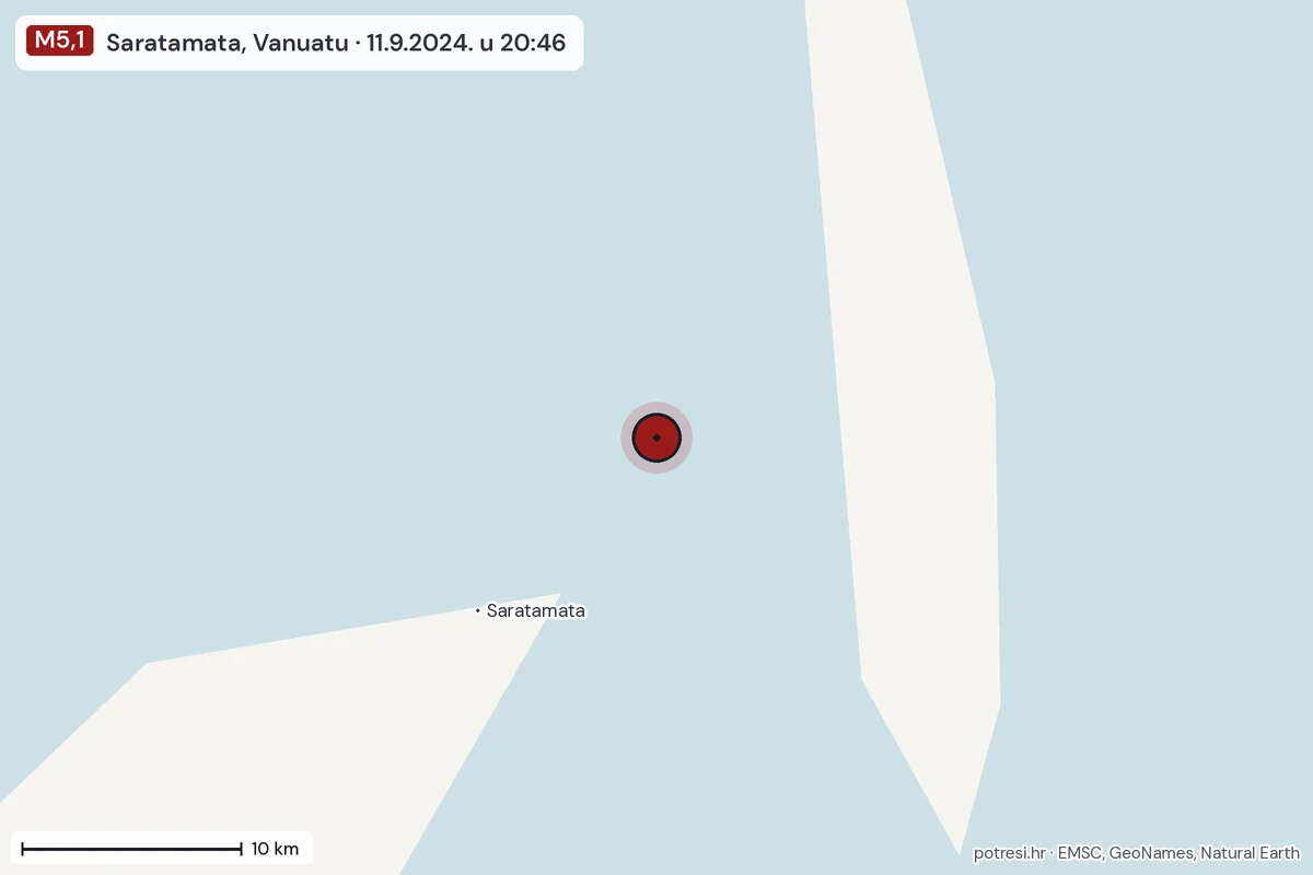 Karta: okolica epicentra, 60 km, potres M5,1, Saratamata, Vanuatu, 11.9.2024.