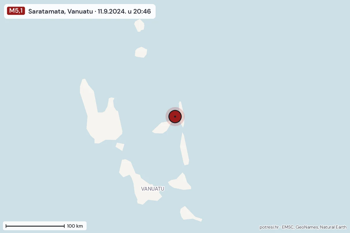 Karta: šire područje, 600 km, potres M5,1, Saratamata, Vanuatu, 11.9.2024.