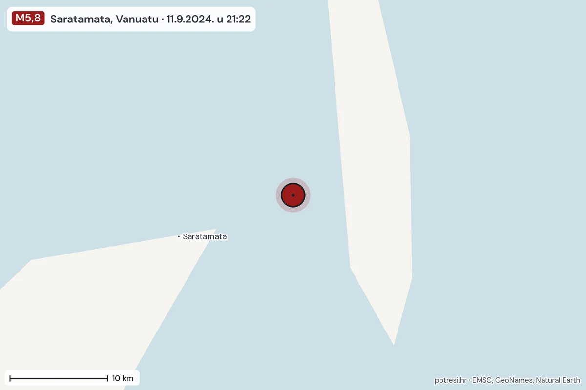 Karta: okolica epicentra, 60 km, potres M5,8, Saratamata, Vanuatu, 11.9.2024.