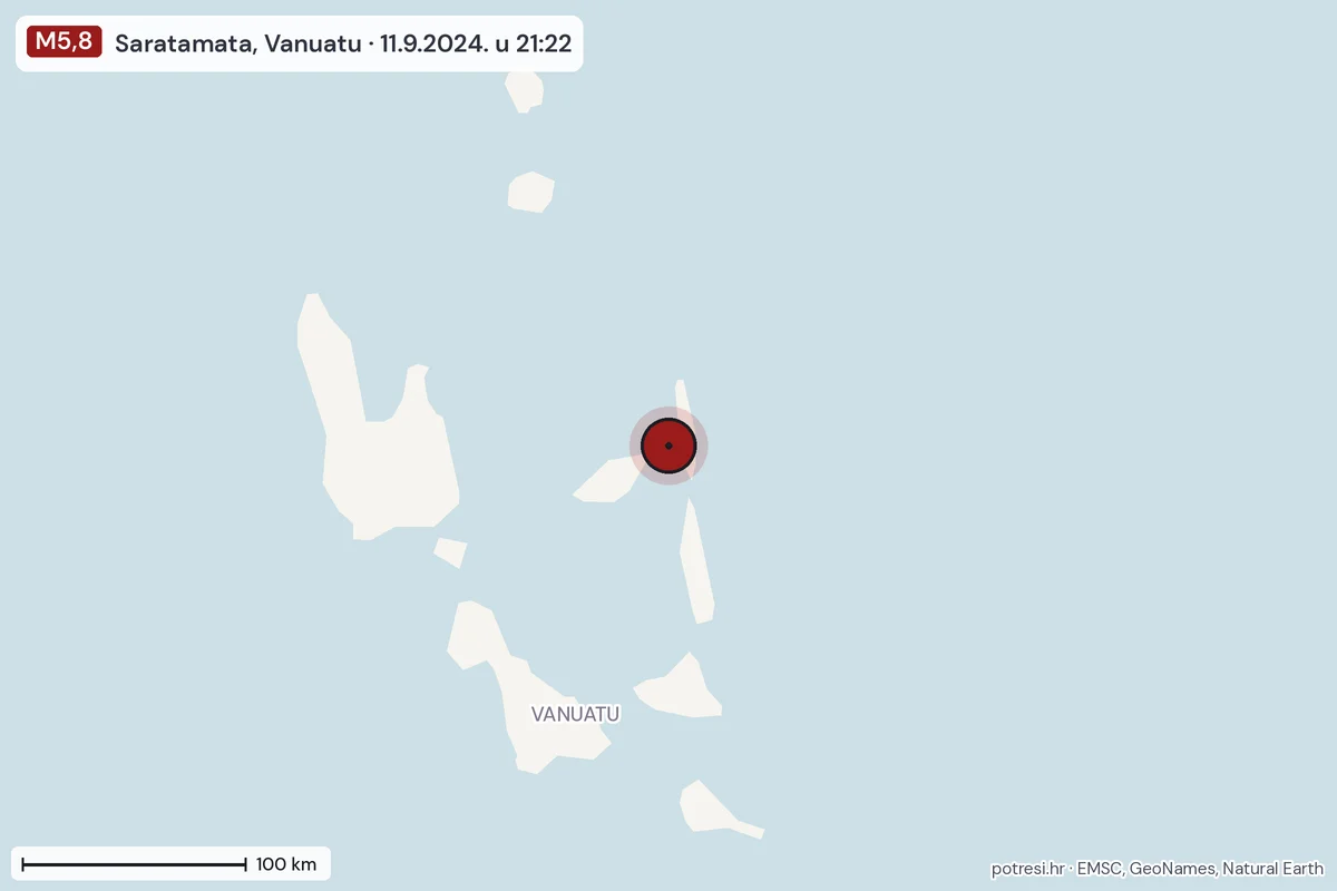 Karta: šire područje, 600 km, potres M5,8, Saratamata, Vanuatu, 11.9.2024.