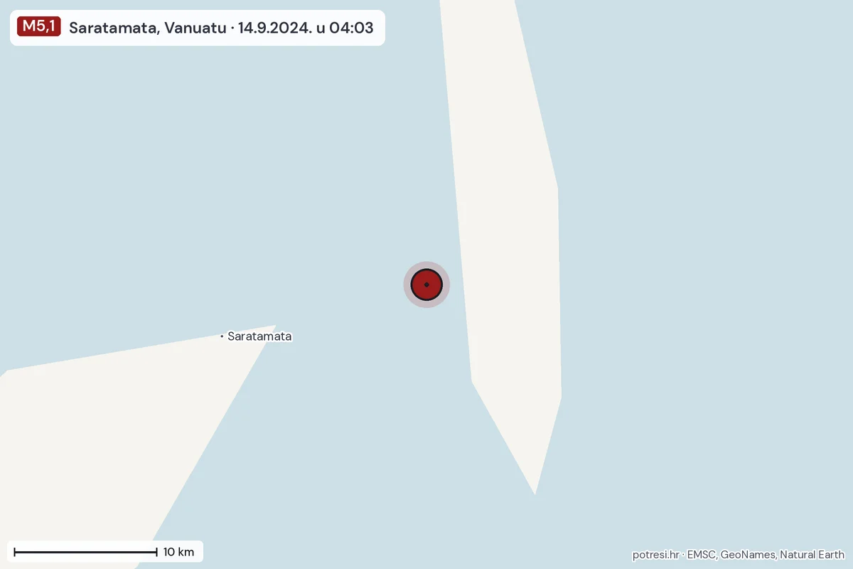 Karta: okolica epicentra, 60 km, potres M5,1, Saratamata, Vanuatu, 14.9.2024.