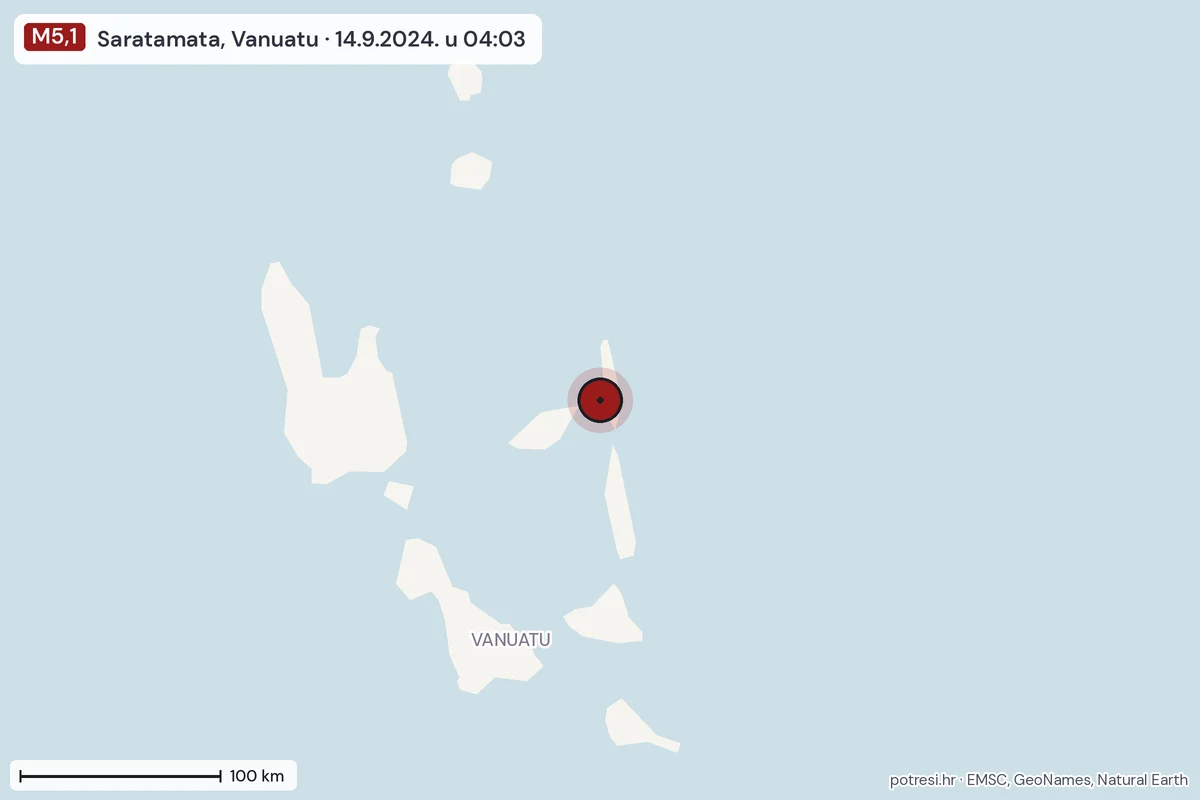 Karta: šire područje, 600 km, potres M5,1, Saratamata, Vanuatu, 14.9.2024.