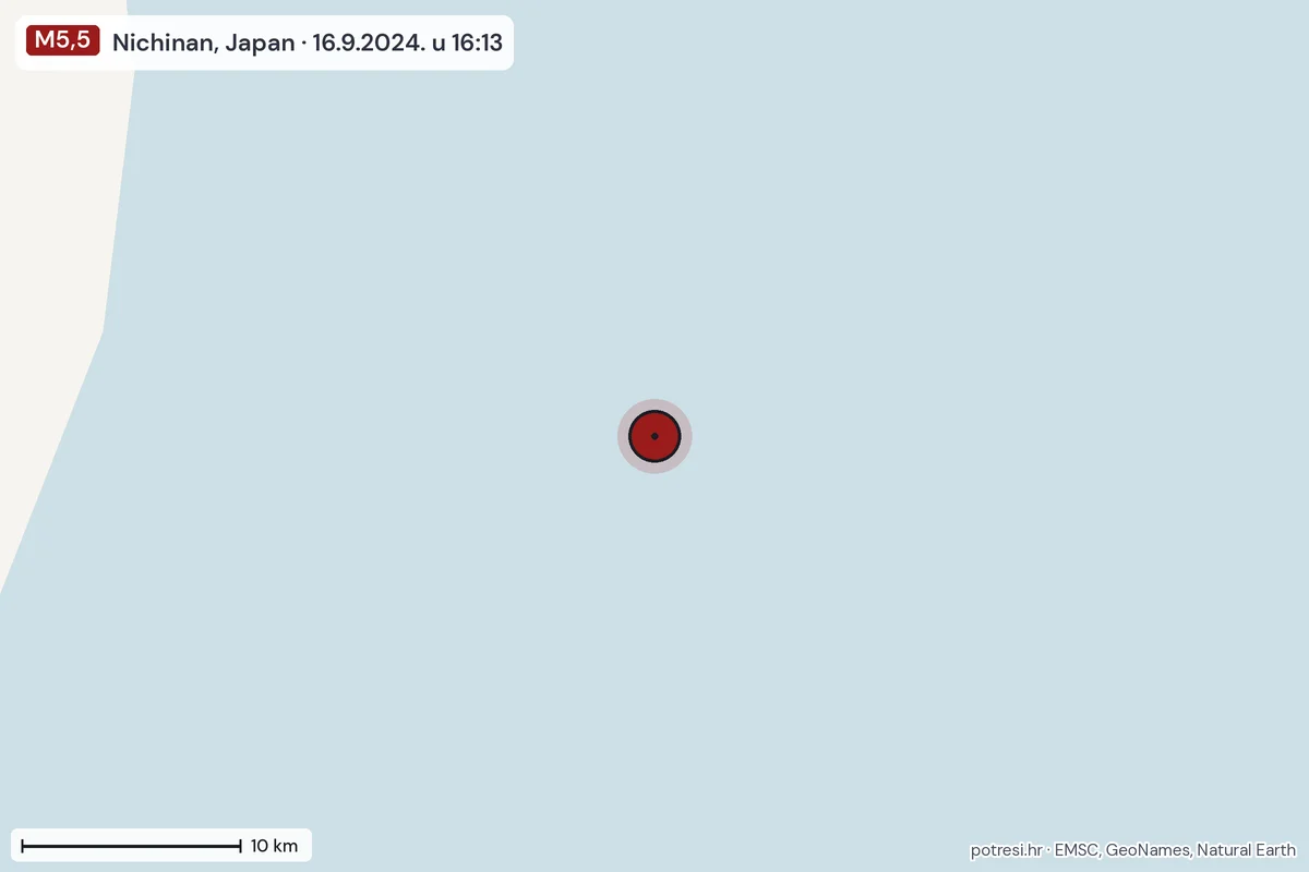 Karta: okolica epicentra, 60 km, potres M5,5, Nichinan, Japan, 16.9.2024.