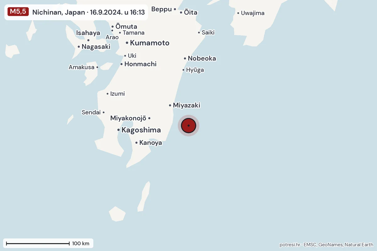 Karta: šire područje, 600 km, potres M5,5, Nichinan, Japan, 16.9.2024.