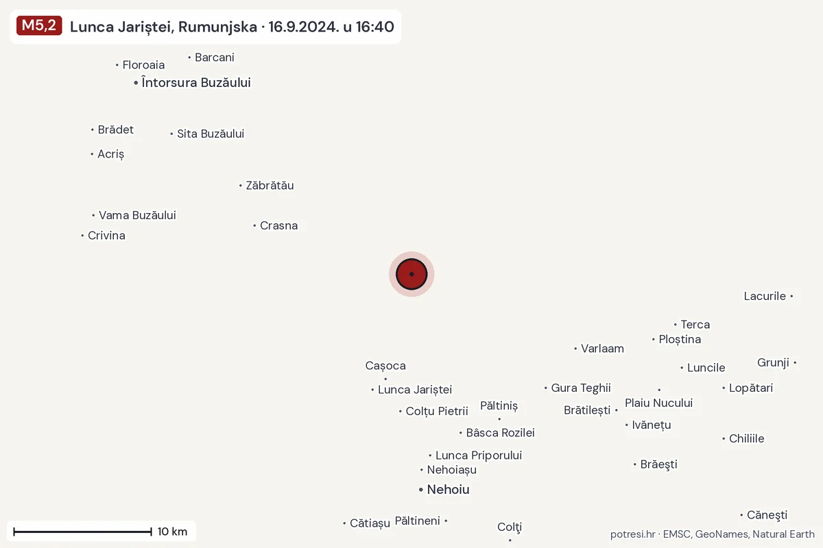 Karta: okolica epicentra, 60 km, potres M5,2, Lunca Jariștei, Rumunjska, 16.9.2024.