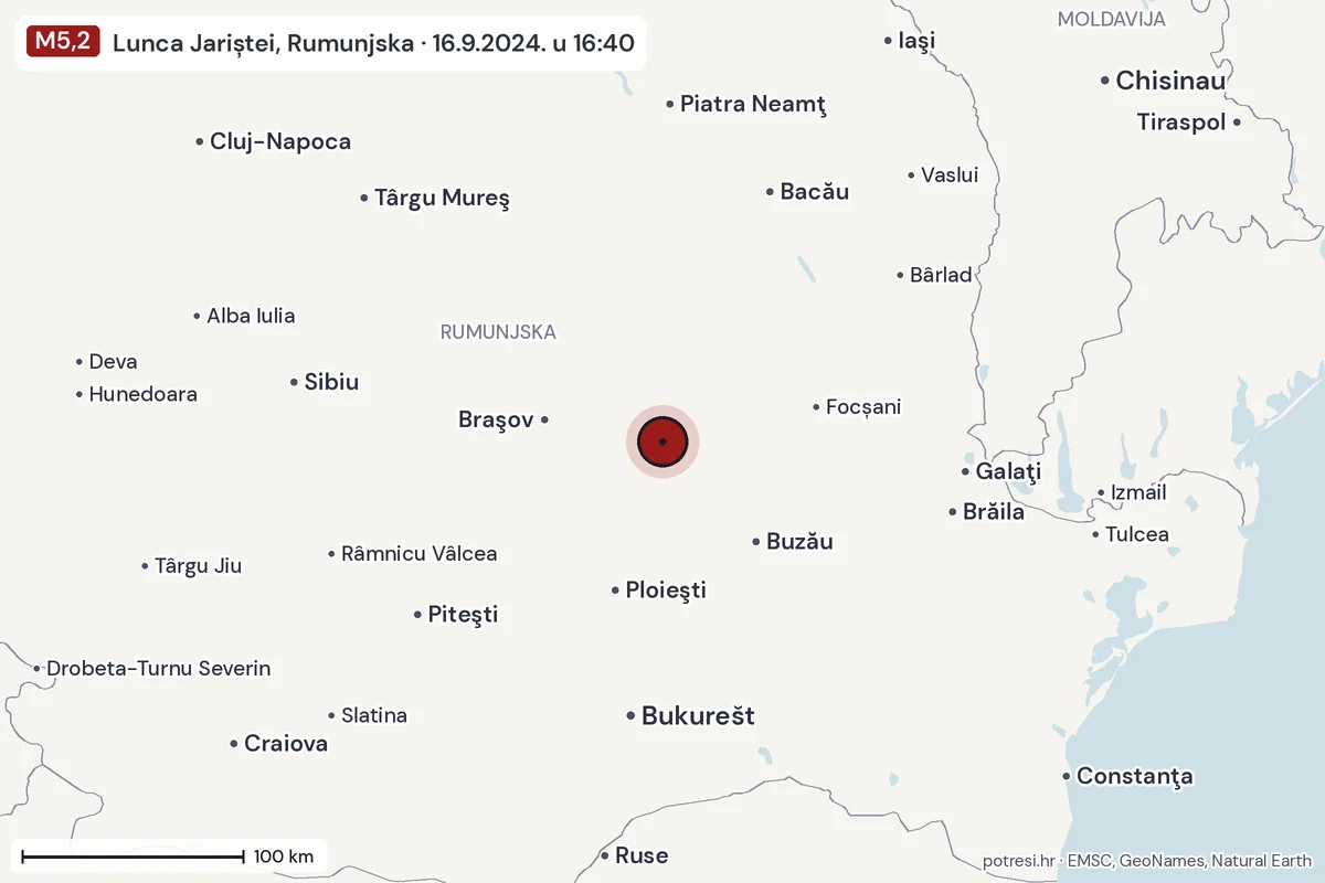 Karta: šire područje, 600 km, potres M5,2, Lunca Jariștei, Rumunjska, 16.9.2024.