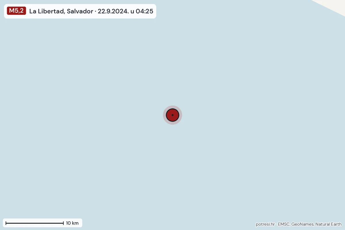Karta: okolica epicentra, 60 km, potres M5,2, La Libertad, Salvador, 22.9.2024.