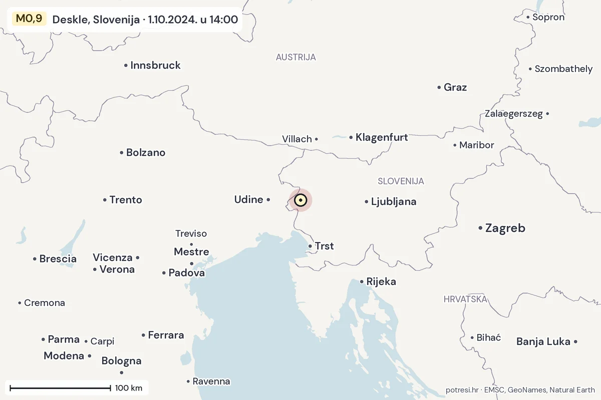 Karta: šire područje, 600 km, potres M0,9, Deskle, Slovenija, 1.10.2024.