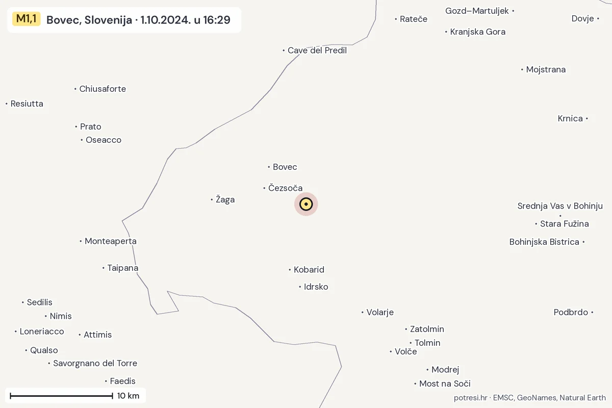 Karta: okolica epicentra, 60 km, potres M1,1, Bovec, Slovenija, 1.10.2024.