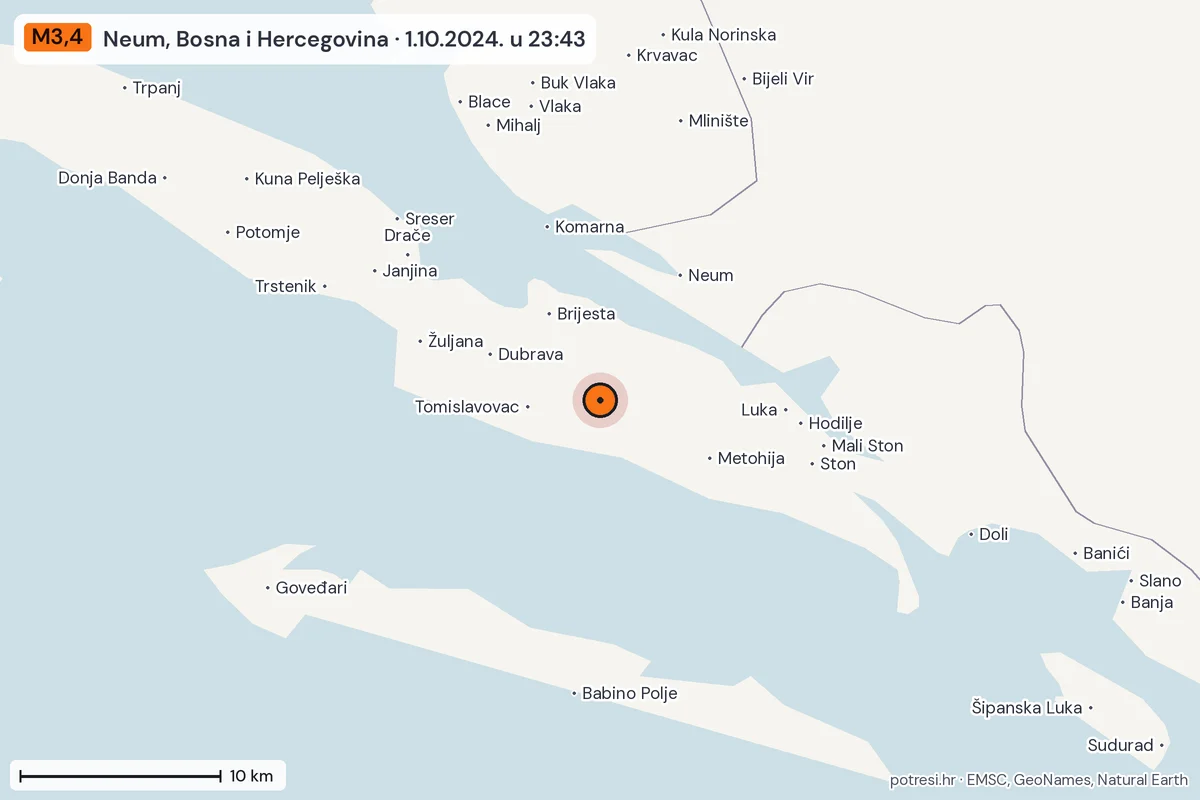 Karta: okolica epicentra, 60 km, potres M3,4, Neum, Bosna i Hercegovina, 1.10.2024.