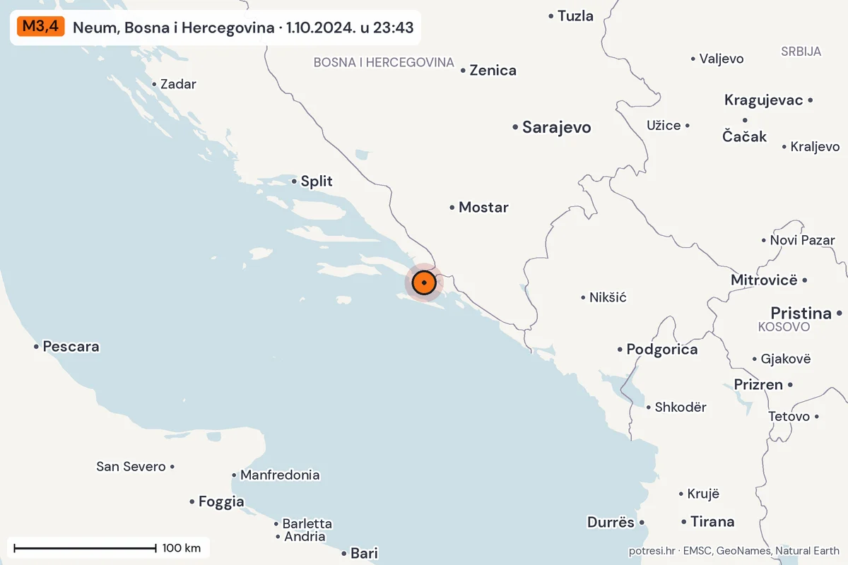 Karta: šire područje, 600 km, potres M3,4, Neum, Bosna i Hercegovina, 1.10.2024.