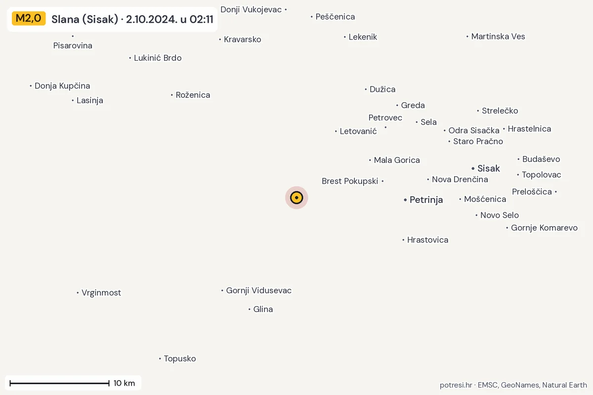 Karta: okolica epicentra, 60 km, potres M2,0, Slana (Sisak), 2.10.2024.