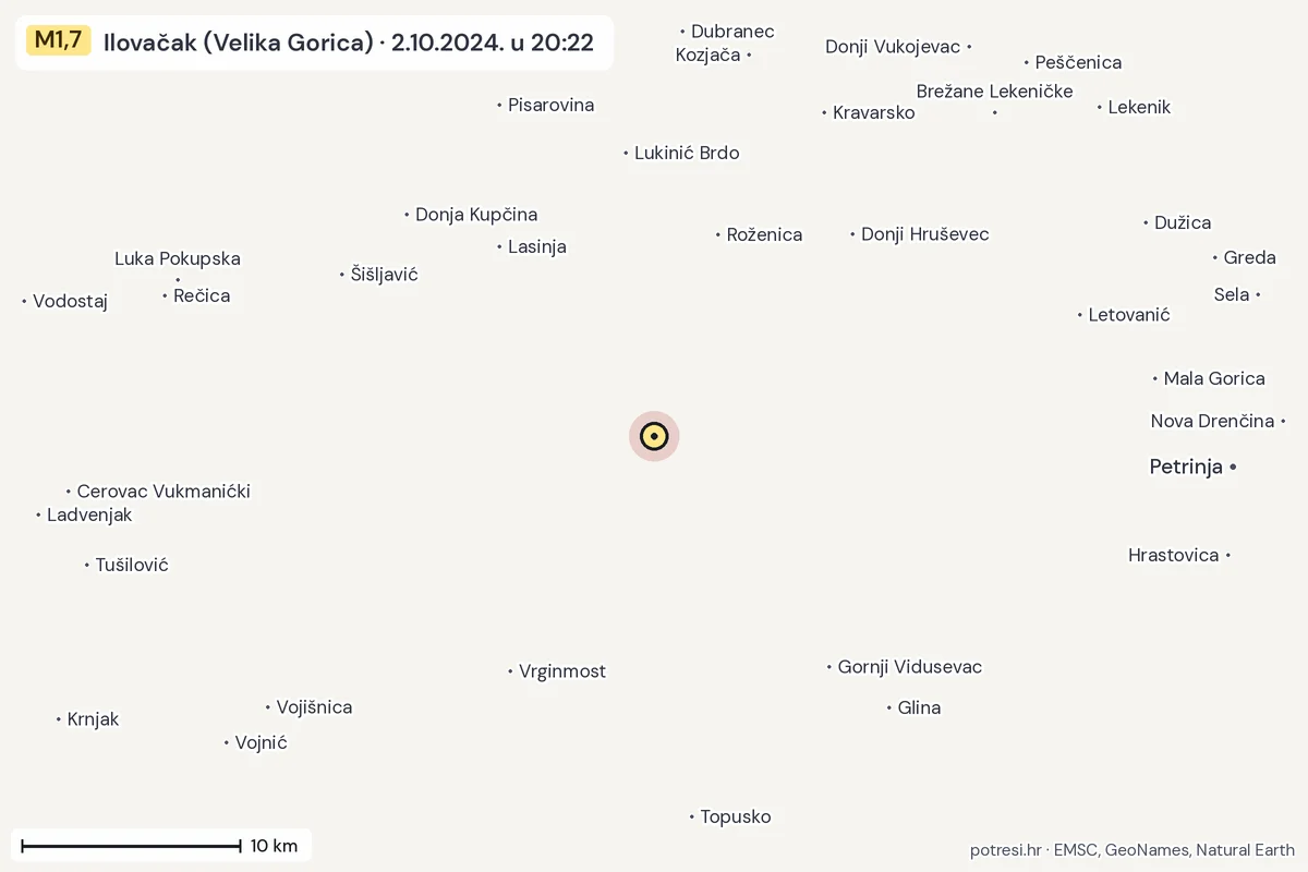 Karta: okolica epicentra, 60 km, potres M1,7, Ilovačak (Velika Gorica), 2.10.2024.