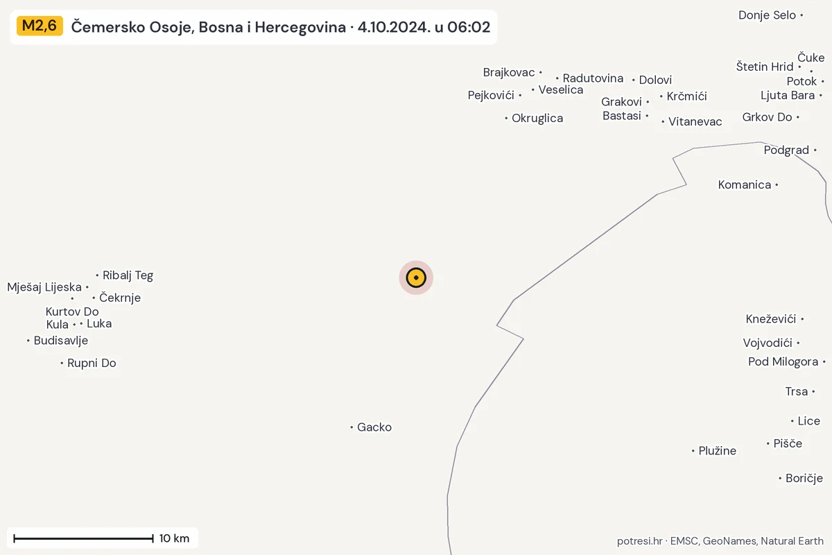 Karta: okolica epicentra, 60 km, potres M2,6, Čemersko Osoje, Bosna i Hercegovina, 4.10.2024.