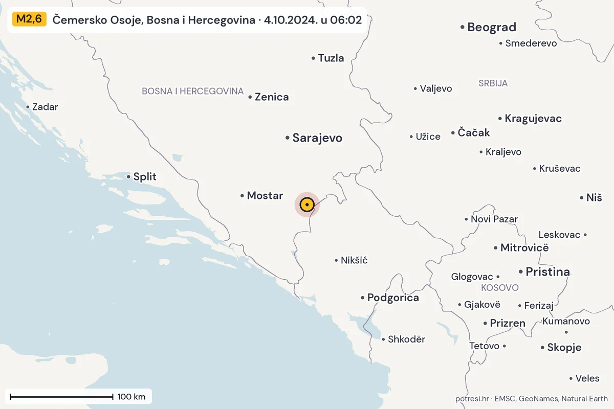 Karta: šire područje, 600 km, potres M2,6, Čemersko Osoje, Bosna i Hercegovina, 4.10.2024.