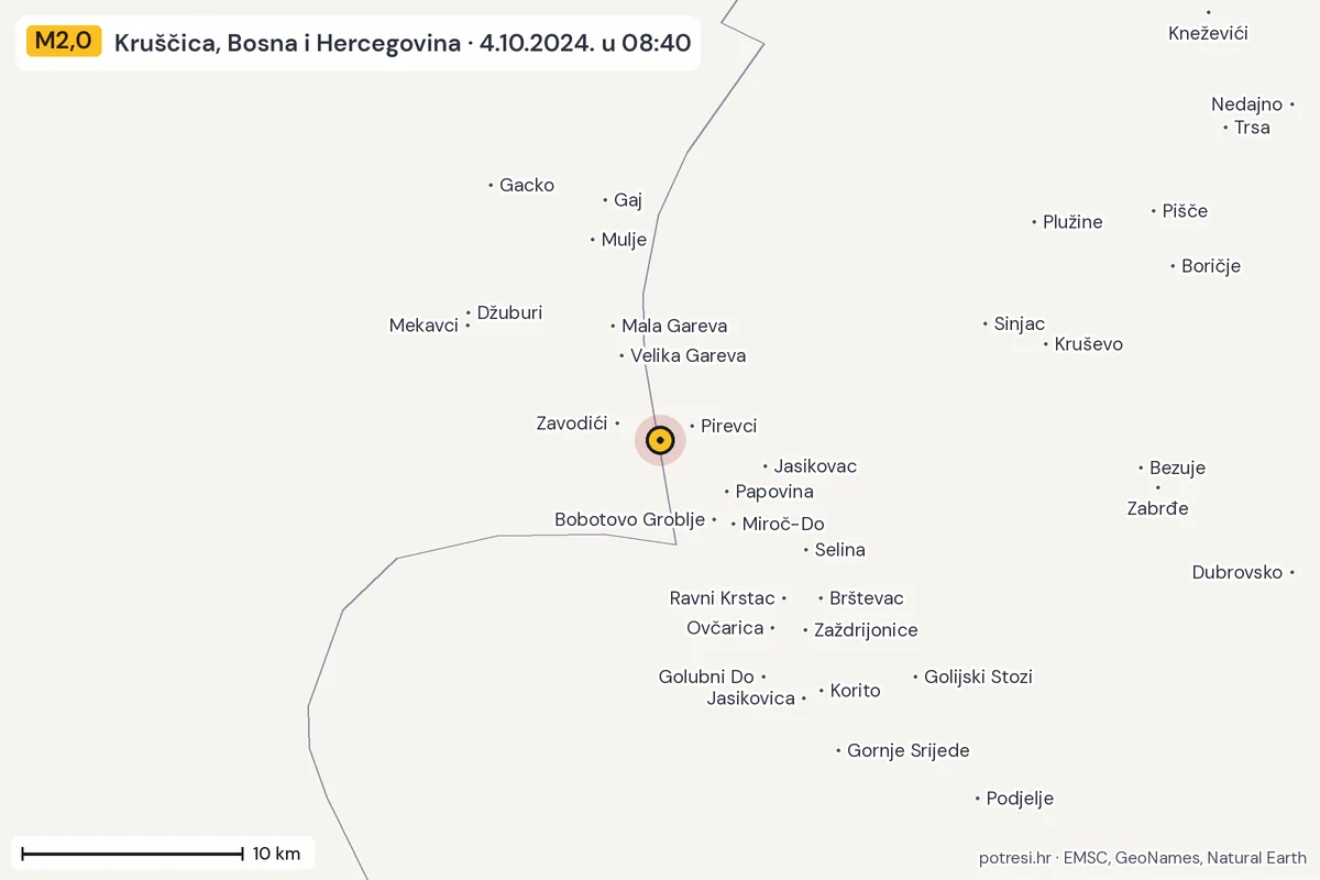 Karta: okolica epicentra, 60 km, potres M2,0, Kruščica, Bosna i Hercegovina, 4.10.2024.