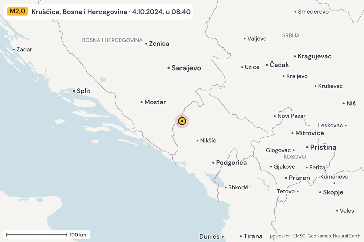 Karta: šire područje, 600 km, potres M2,0, Kruščica, Bosna i Hercegovina, 4.10.2024.