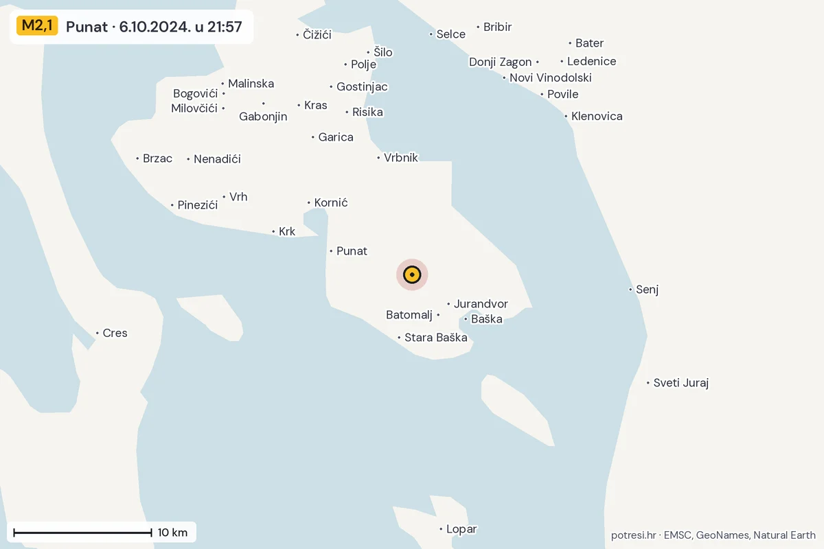 Karta: okolica epicentra, 60 km, potres M2,1, Punat, 6.10.2024.