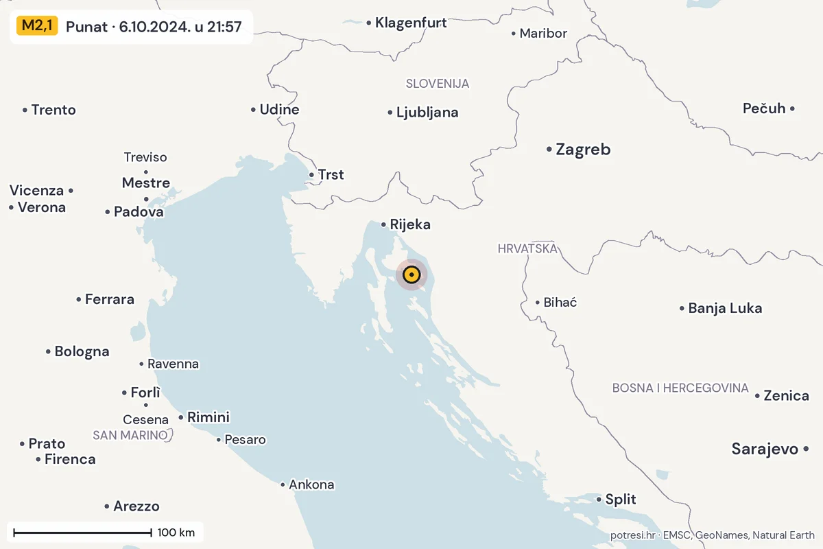 Karta: šire područje, 600 km, potres M2,1, Punat, 6.10.2024.