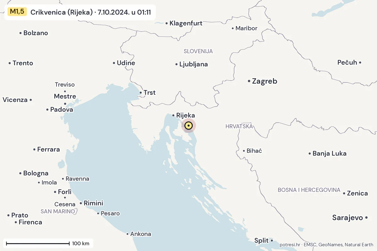 Karta: šire područje, 600 km, potres M1,5, Crikvenica (Rijeka), 7.10.2024.