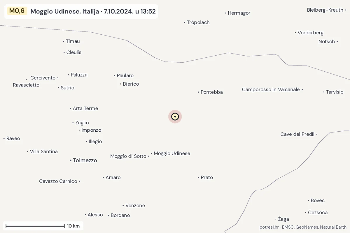 Karta: okolica epicentra, 60 km, potres M0,6, Moggio Udinese, Italija, 7.10.2024.