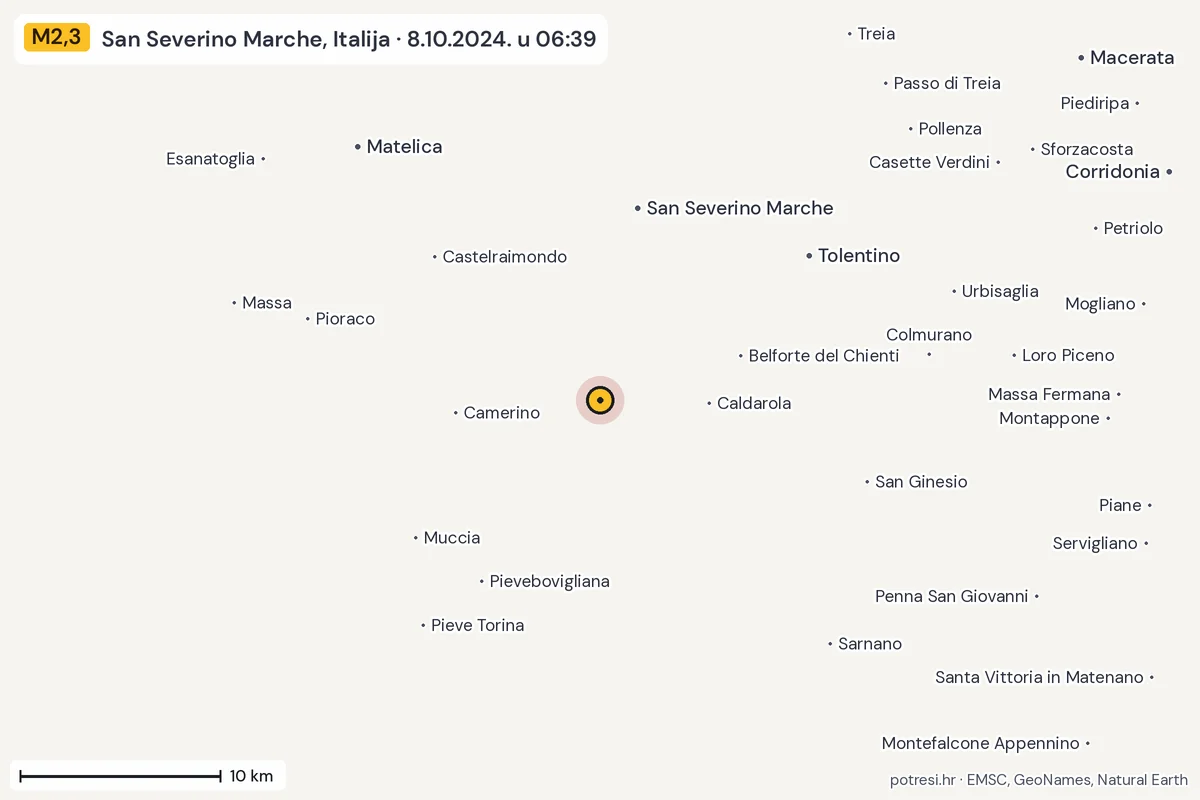 Karta: okolica epicentra, 60 km, potres M2,3, San Severino Marche, Italija, 8.10.2024.