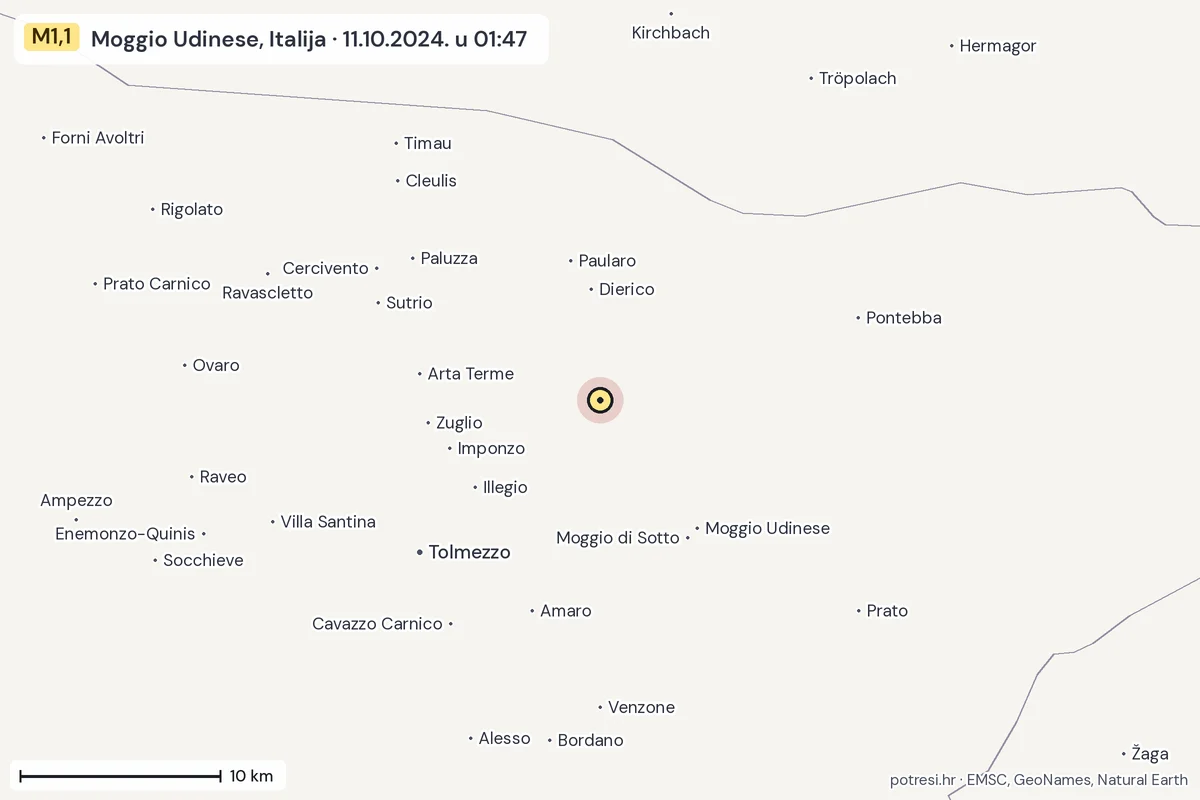 Karta: okolica epicentra, 60 km, potres M1,1, Moggio Udinese, Italija, 11.10.2024.