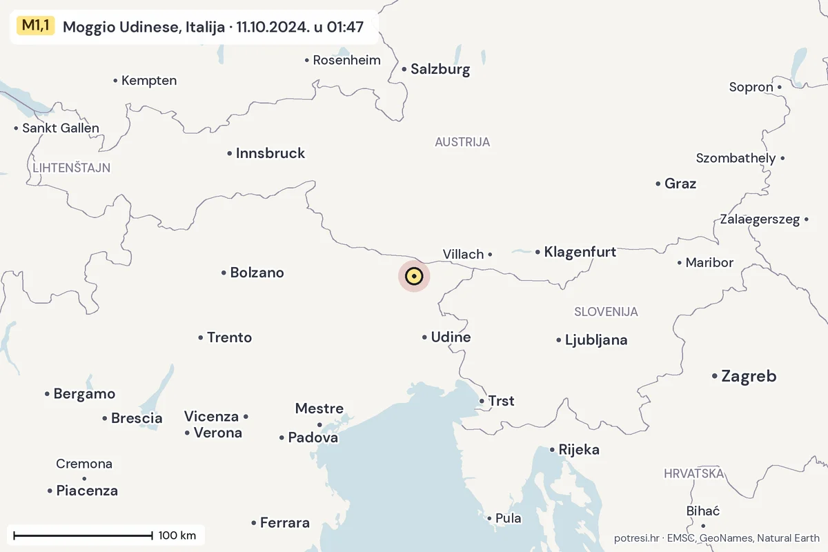 Karta: šire područje, 600 km, potres M1,1, Moggio Udinese, Italija, 11.10.2024.