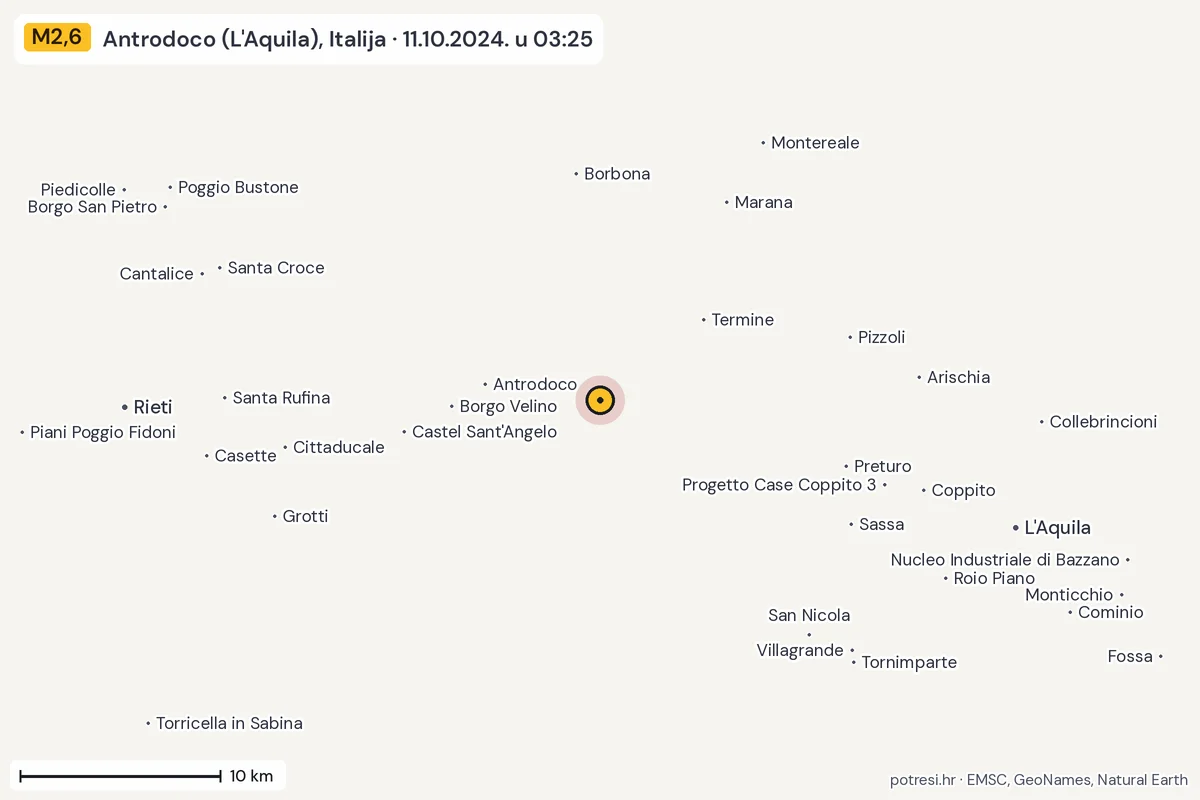 Karta: okolica epicentra, 60 km, potres M2,6, Antrodoco (L'Aquila), Italija, 11.10.2024.