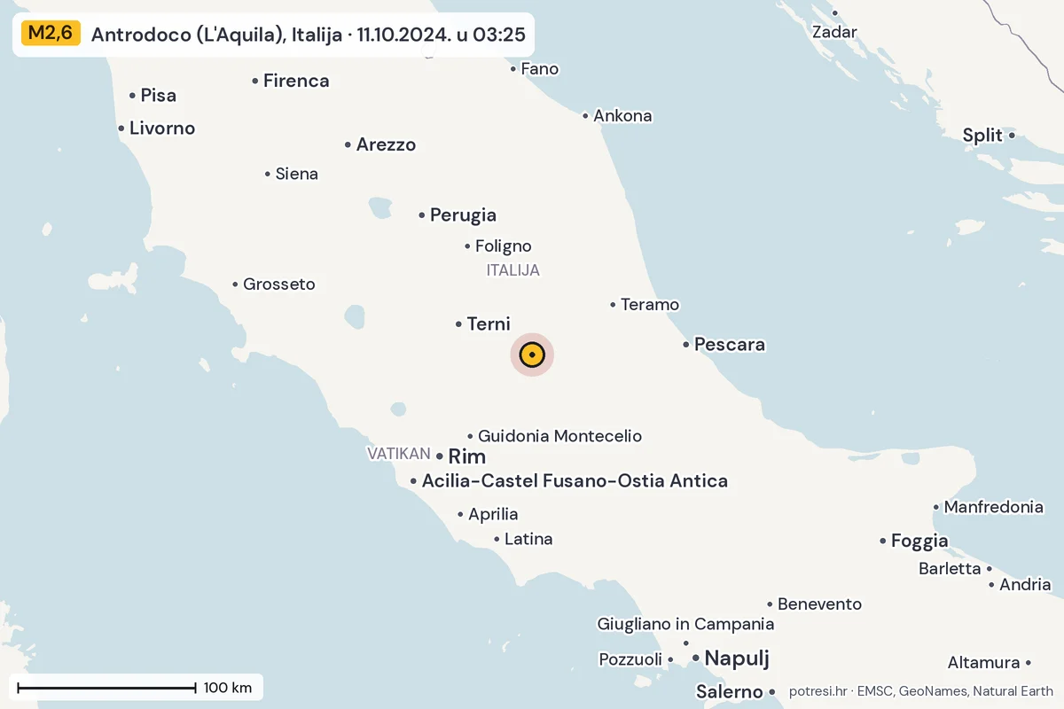 Karta: šire područje, 600 km, potres M2,6, Antrodoco (L'Aquila), Italija, 11.10.2024.