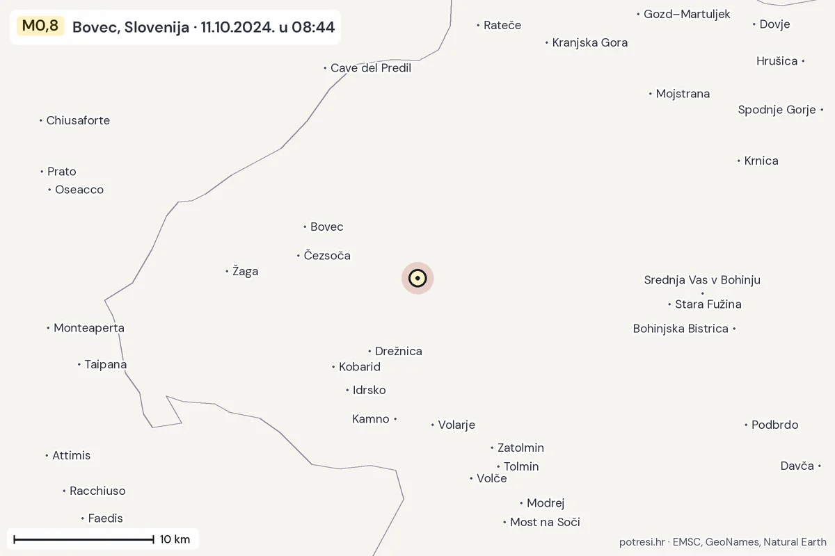 Karta: okolica epicentra, 60 km, potres M0,8, Bovec, Slovenija, 11.10.2024.