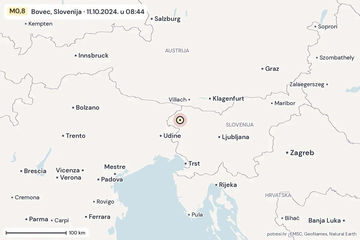 Karta: šire područje, 600 km, potres M0,8, Bovec, Slovenija, 11.10.2024.