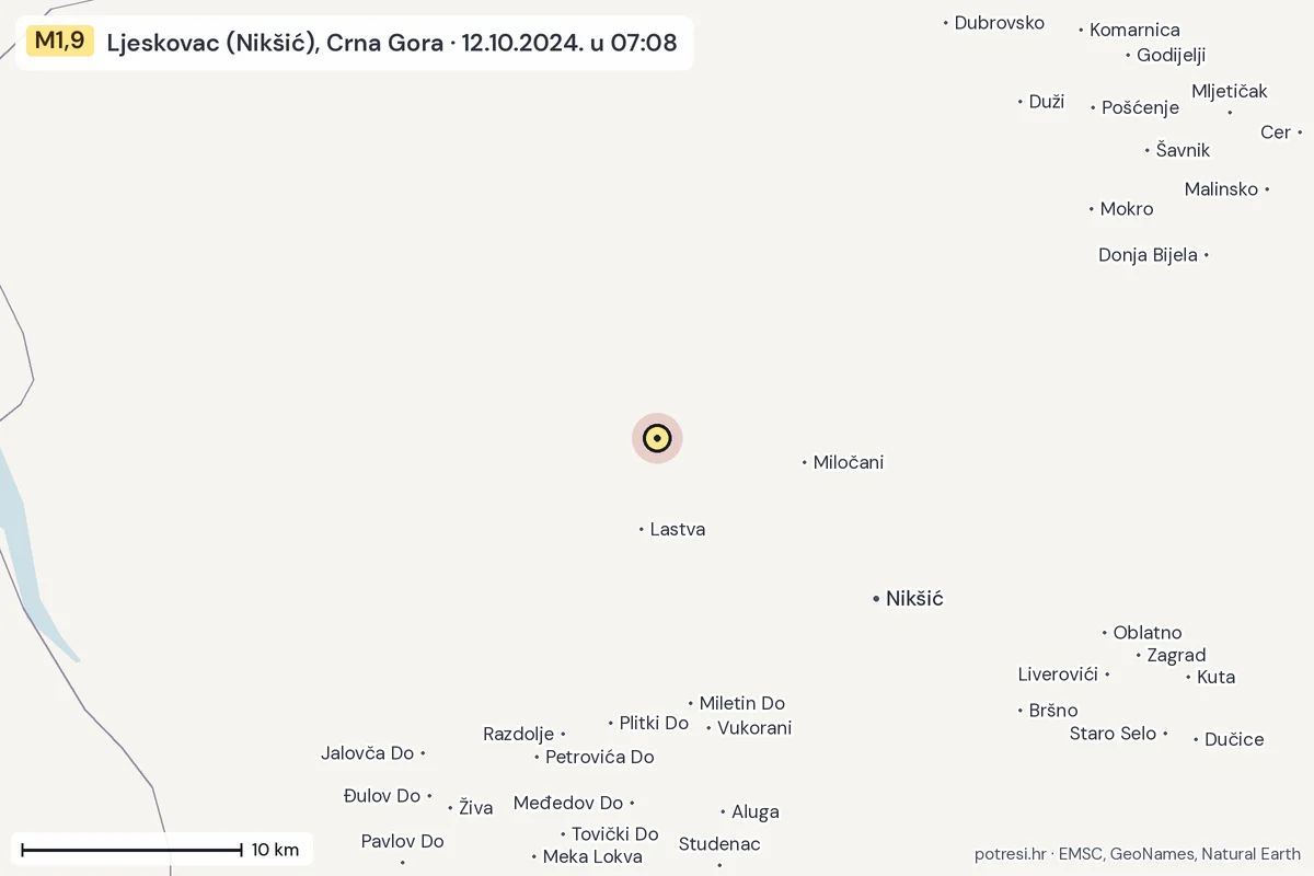 Karta: okolica epicentra, 60 km, potres M1,9, Ljeskovac (Nikšić), Crna Gora, 12.10.2024.
