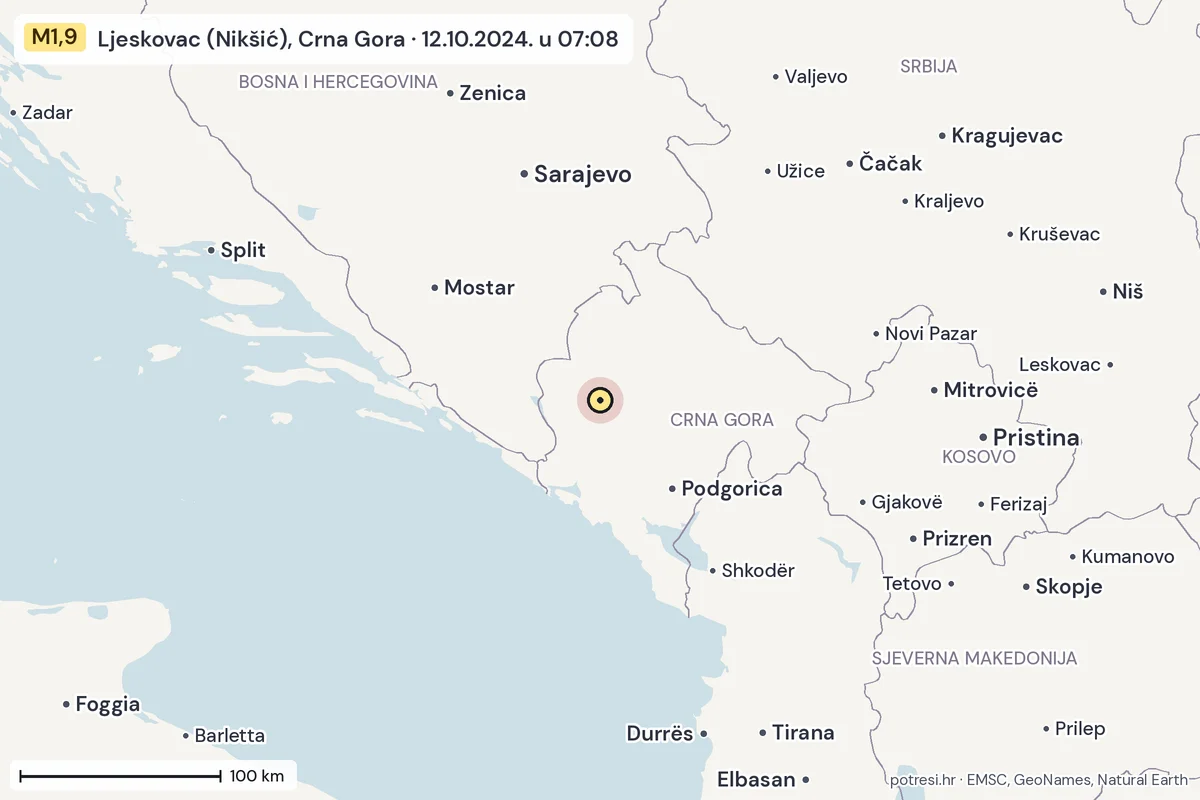 Karta: šire područje, 600 km, potres M1,9, Ljeskovac (Nikšić), Crna Gora, 12.10.2024.