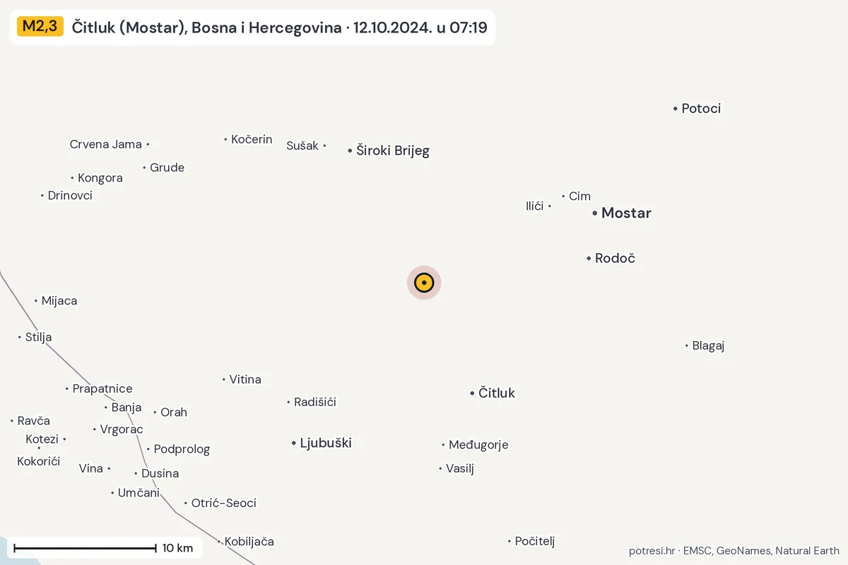 Karta: okolica epicentra, 60 km, potres M2,3, Čitluk (Mostar), Bosna i Hercegovina, 12.10.2024.