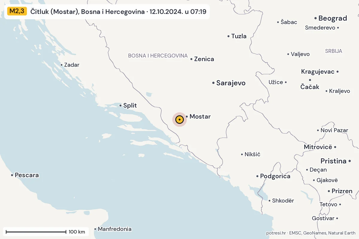 Karta: šire područje, 600 km, potres M2,3, Čitluk (Mostar), Bosna i Hercegovina, 12.10.2024.