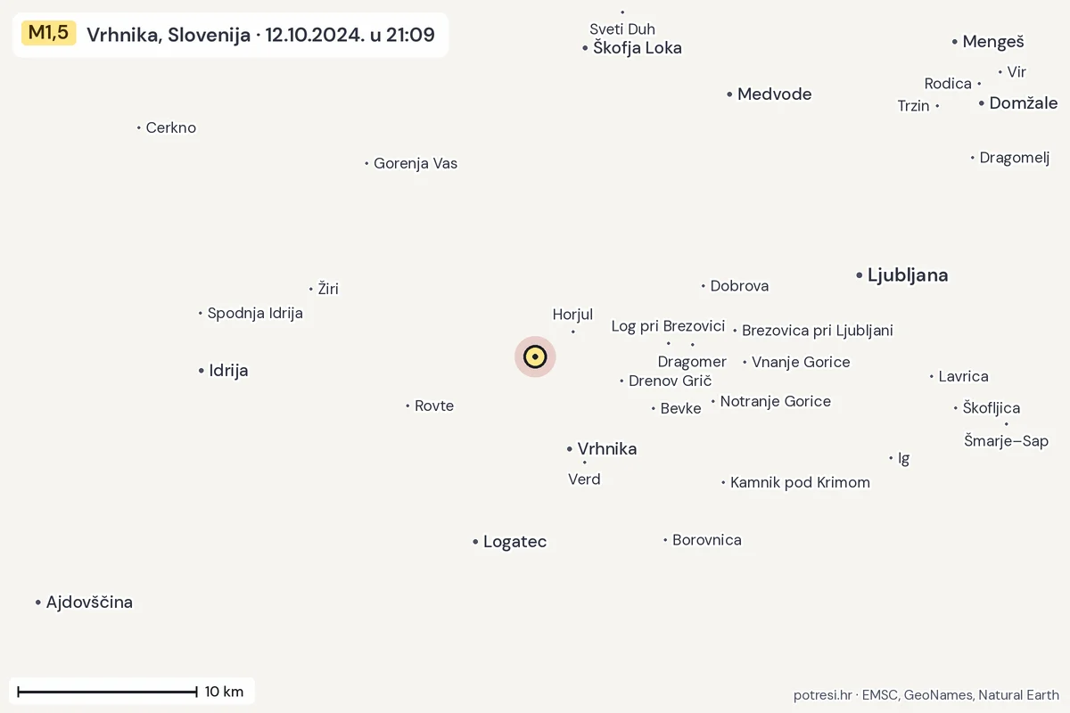 Karta: okolica epicentra, 60 km, potres M1,5, Vrhnika, Slovenija, 12.10.2024.