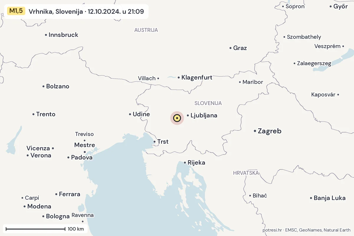 Karta: šire područje, 600 km, potres M1,5, Vrhnika, Slovenija, 12.10.2024.
