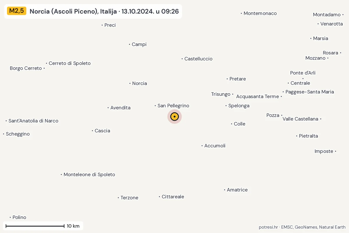 Karta: okolica epicentra, 60 km, potres M2,5, Norcia (Ascoli Piceno), Italija, 13.10.2024.