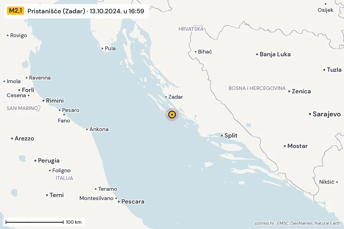 Karta: šire područje, 600 km, potres M2,1, Pristanišće (Zadar), 13.10.2024.