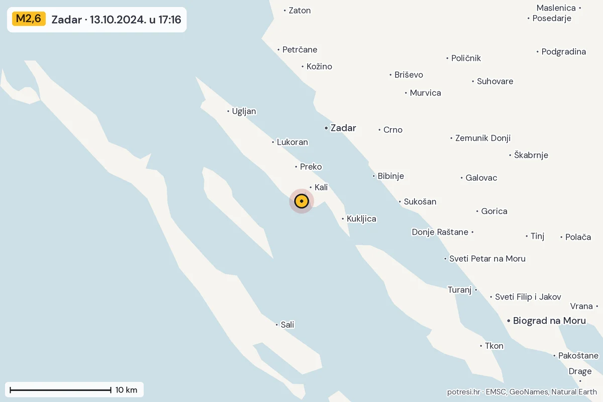 Karta: okolica epicentra, 60 km, potres M2,6, Zadar, 13.10.2024.