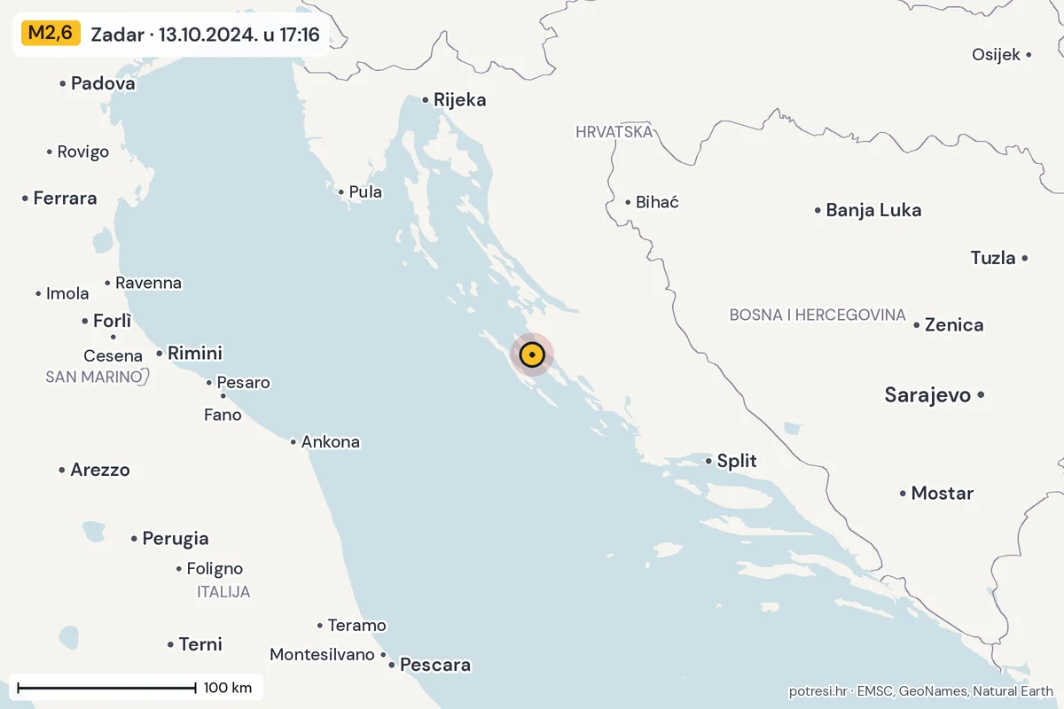 Karta: šire područje, 600 km, potres M2,6, Zadar, 13.10.2024.